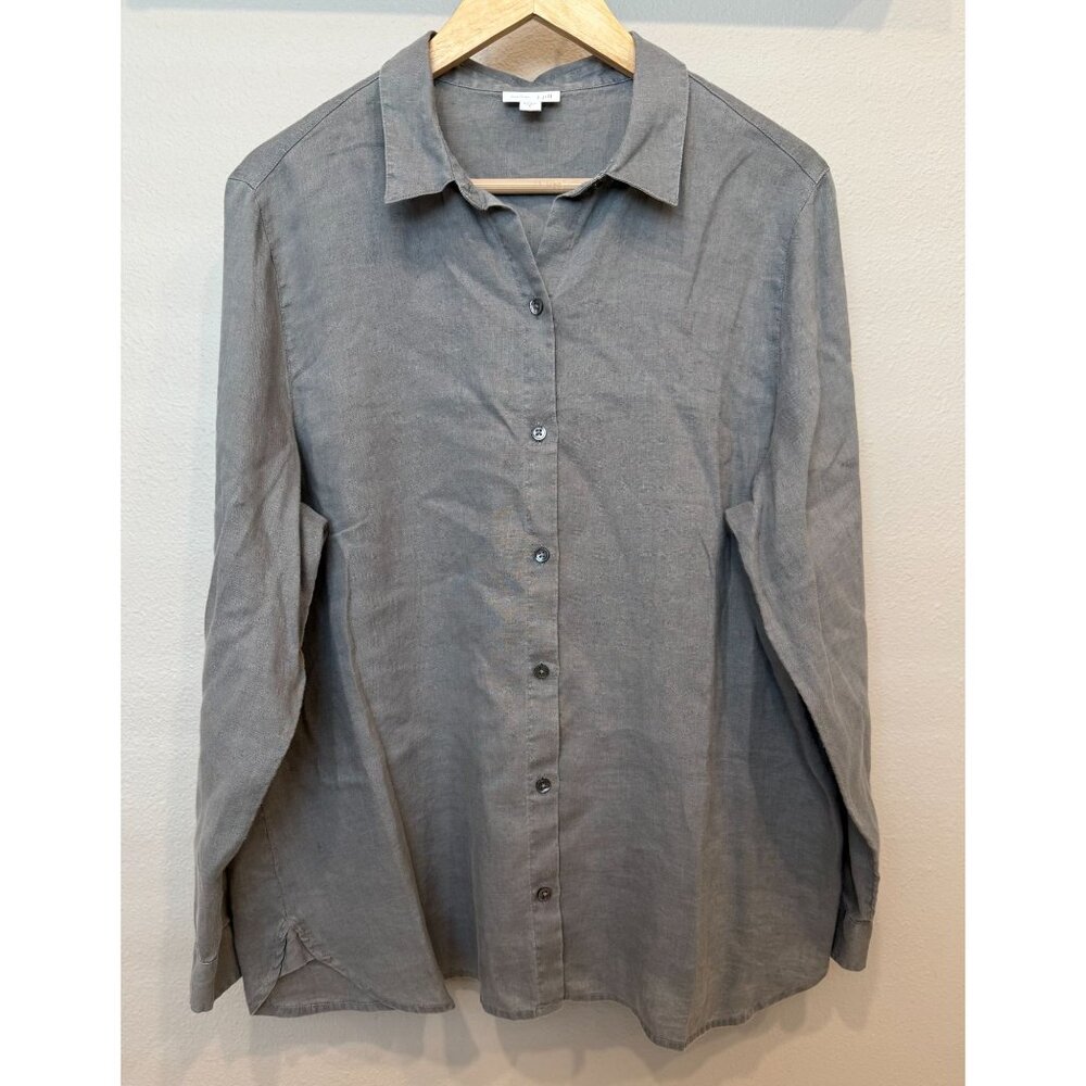 J. Jill Women's Button Up Gray Linen Blouse Large Long Sleeves Lagenlook Coastal